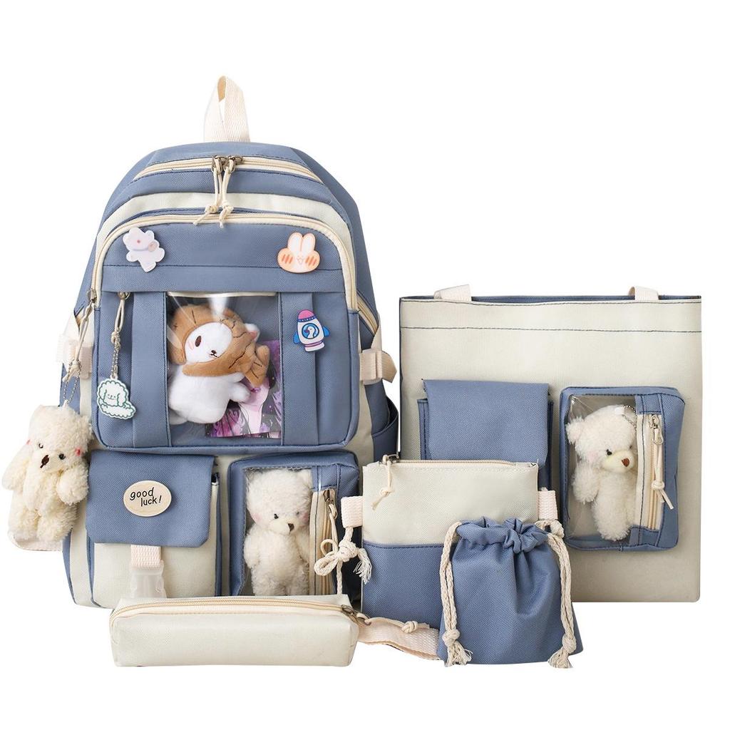 INS High School Durable Five-Piece Backpack Set for Girls - Large Capacity, Double Shoulder Bag for Junior and Middle School Students