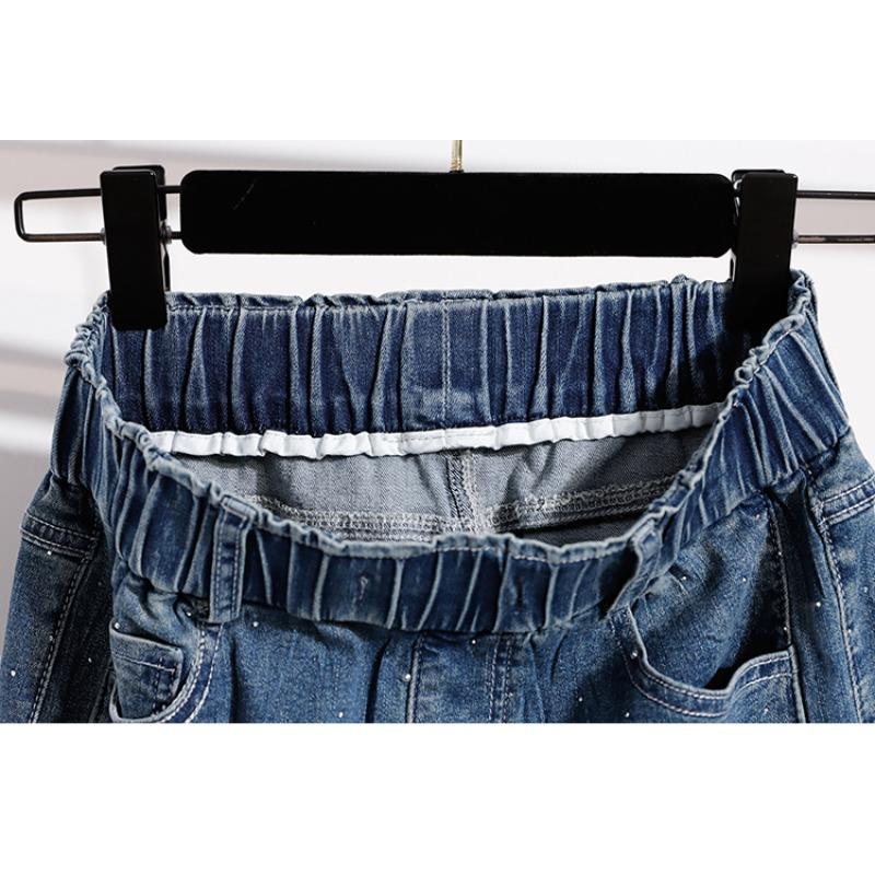 DIMANAF 2026 Summer Plus Size Women Skirts Elastic Waist Denim Solid Blue Oversize Lady Casual Cotton Long Skirts Beading