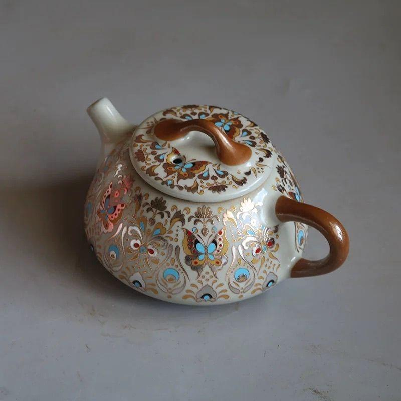 Hand Drawn Ceramic Teapot, Vintage Chinese Kung Fu Teapot, Household Brewing Porcelain Tea Set, Vintage Floral Design