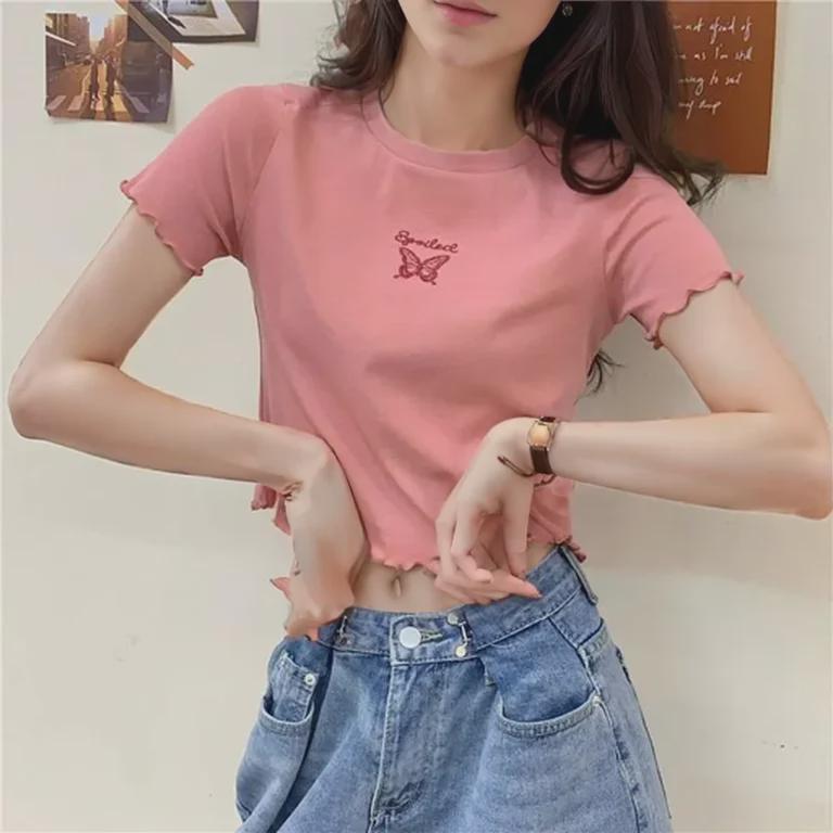 Summer 2025 Women's High-Waist Slim Fit Butterfly Embroidered Crop Top