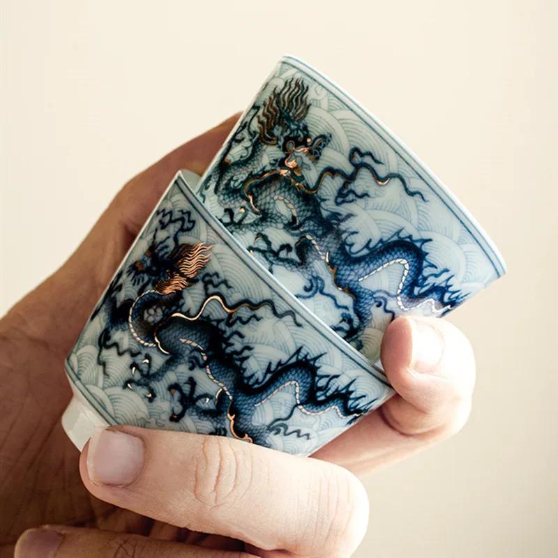 1 Stk. Chinesische Vintage Keramik Teetasse Handbemaltes Blau-Weißes Drachenmuster Teeschale Handgefertigte Porzellan Teetasse Teegeschirr 40ml