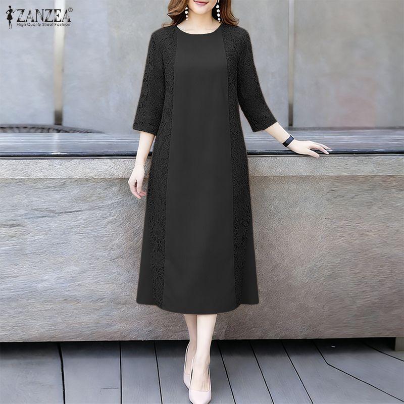 ZANZEA Women Casual Round Neck 3/4 Sleeve Casual Lace Patchwork Dress
