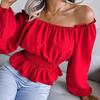 Fashion Elegant Off-shoulder Hem Ruffle Edge Blouse Women Slim Fit Pleated Solid Color Shirt Long Sleeve Casual Simple Short Top Sexy Women's Clothing