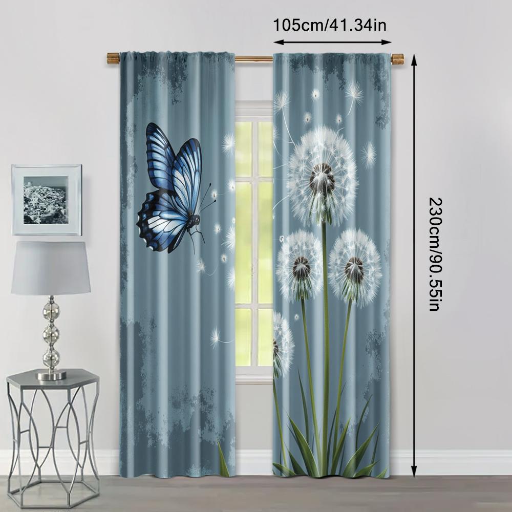 2pcs   Fashionable Curtains Depicting Sky Blue   Gray Dandelions and Butterflies Fabric (without Rod) Gifts Perfect for Bedroom &