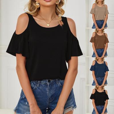 Women's Casual Breathable Loose Fitting Off The Shoulder Short Sleeved Leaf Top T-shirt