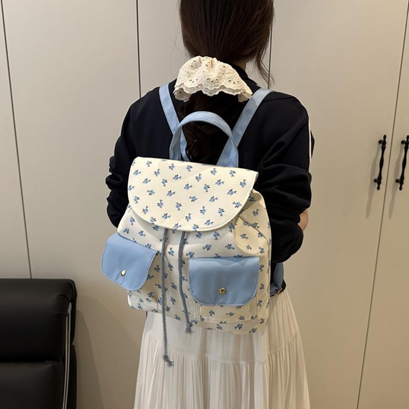 Women Floral Backpack Stylish Laptop Backpack Large Capacity Students School Bag Multi-pockets Adjustable Strap Nylon Backpack