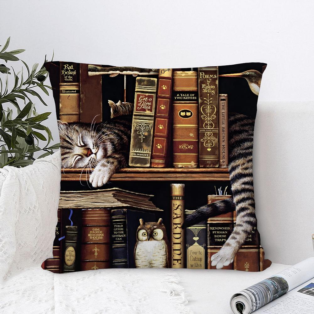 Cat in Library Painting Pillow Case Plush Fabric Soft  Pillowcase Double Sided Print Cushion Cover Household Gifts