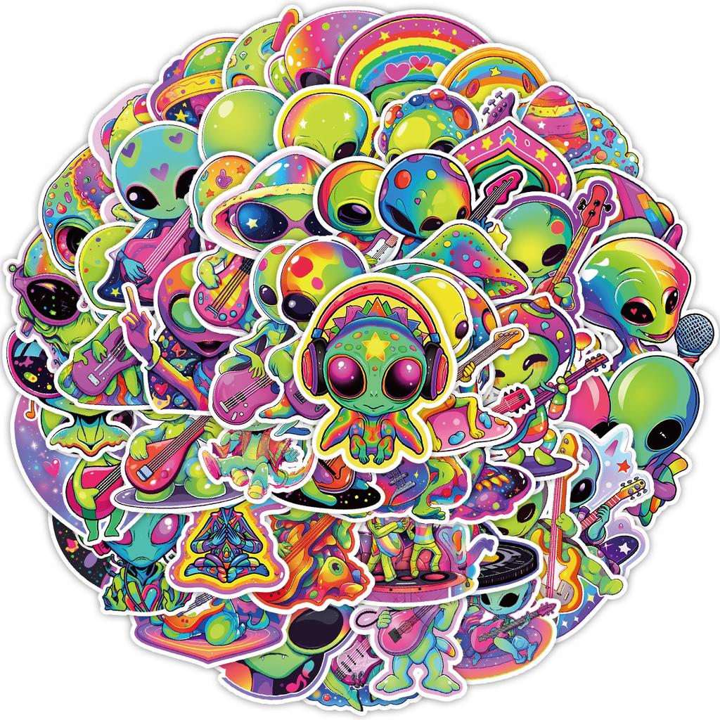 50 Kolorowych Kreskówkowych Naklejek Doodle z Kosmitami Kreatywne Naklejki z Kosmitami Wodoodporne Naklejki Dekoracyjne na Komputer, Kubek na Wodę