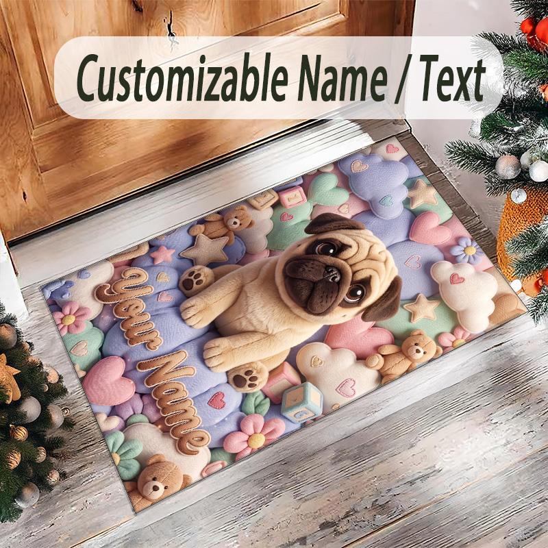 Pug Theme Crystal Velvet Floor Rug Personalized Custom Name Text Warm Carpet Home Decoration