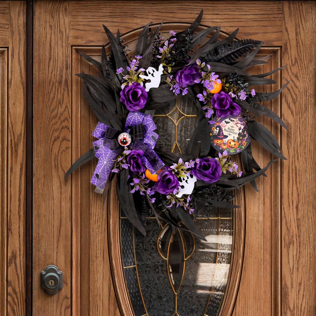 Halloween   Wooden Sign Wreath Window Door Hanging Festival Simulation Horror Doll Mesh Vine Ring Decoration