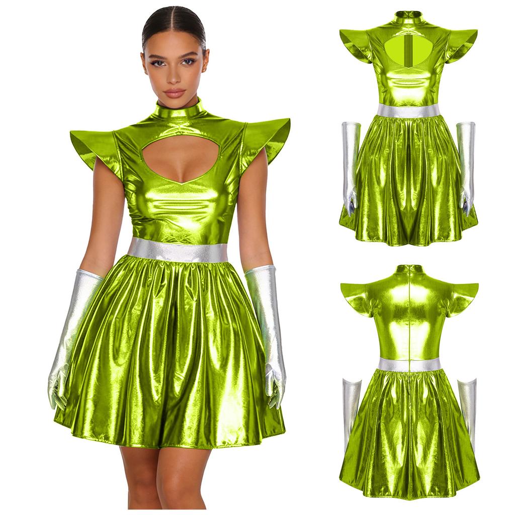 S-3XL Dames Buitenaards Cosplay Kostuum Metaalachtig Glanzende Jurk, Uitgesneden Hals & Gestructureerde Schouderstukken met Handschoenen voor Ruimte Themafeest