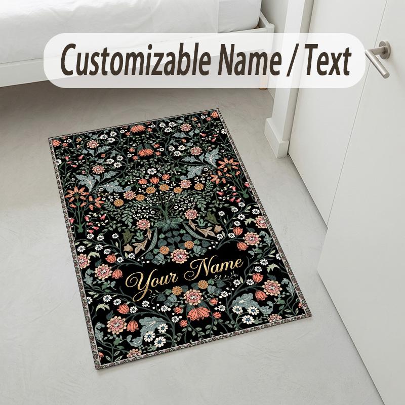 Floral Fantasy Theme Soft Crystal Velvet Rug Custom Name & Text Print Non Slip Floor Rug for Bedroom Living Room