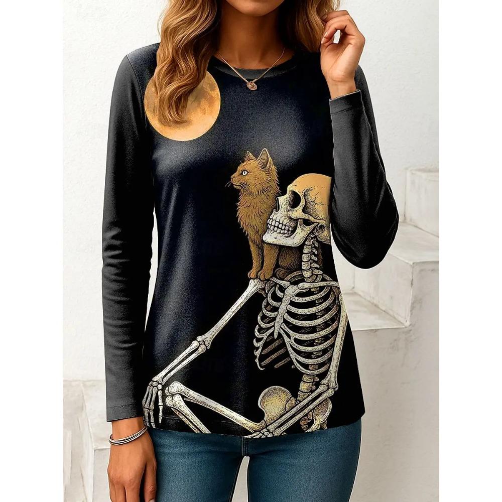 Women's Halloween 3D Printed Skull Long Sleeve T-shirts Autumn Loose Casual Round Neck Fashion Top