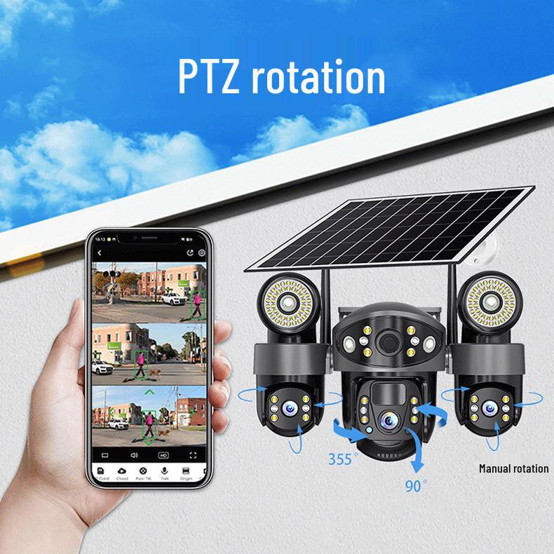 V380 Solar-Powered Triple-Lens Outdoor Smart Surveillance Camera with LED Light