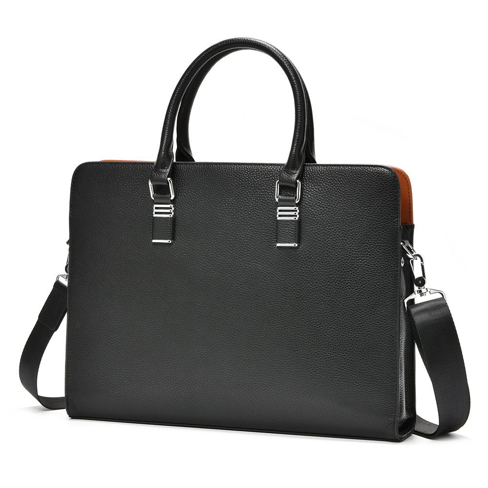 Men's Genuine Leather Briefcase with Litchi Grain, Cowhide Handheld Laptop Business Bag for Daily Commute