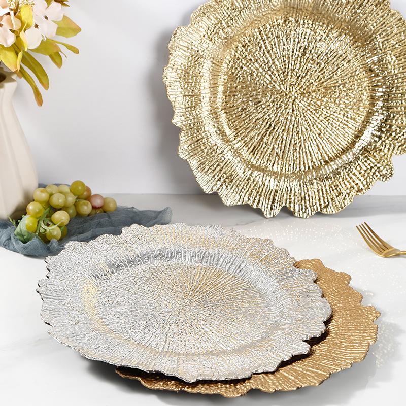 12.59" Gold Charger Plates Chargers With Floral Reef Plastic Round Ruffled Rim Dinner For Dinner Wedding Party Decoration
