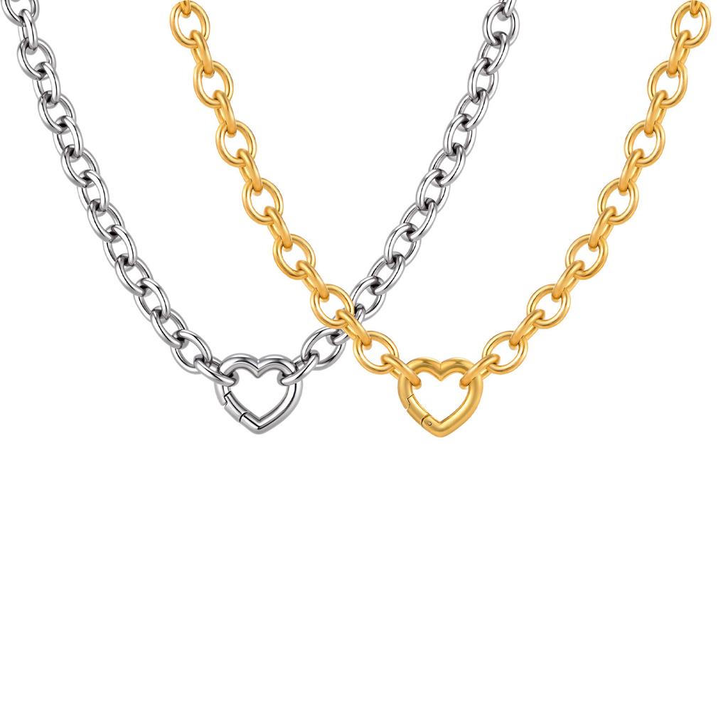 Stainless Steel Plated 18K Gold Round Cross Chain Heart Buckle Necklace, Women'S Jewelry Nc-