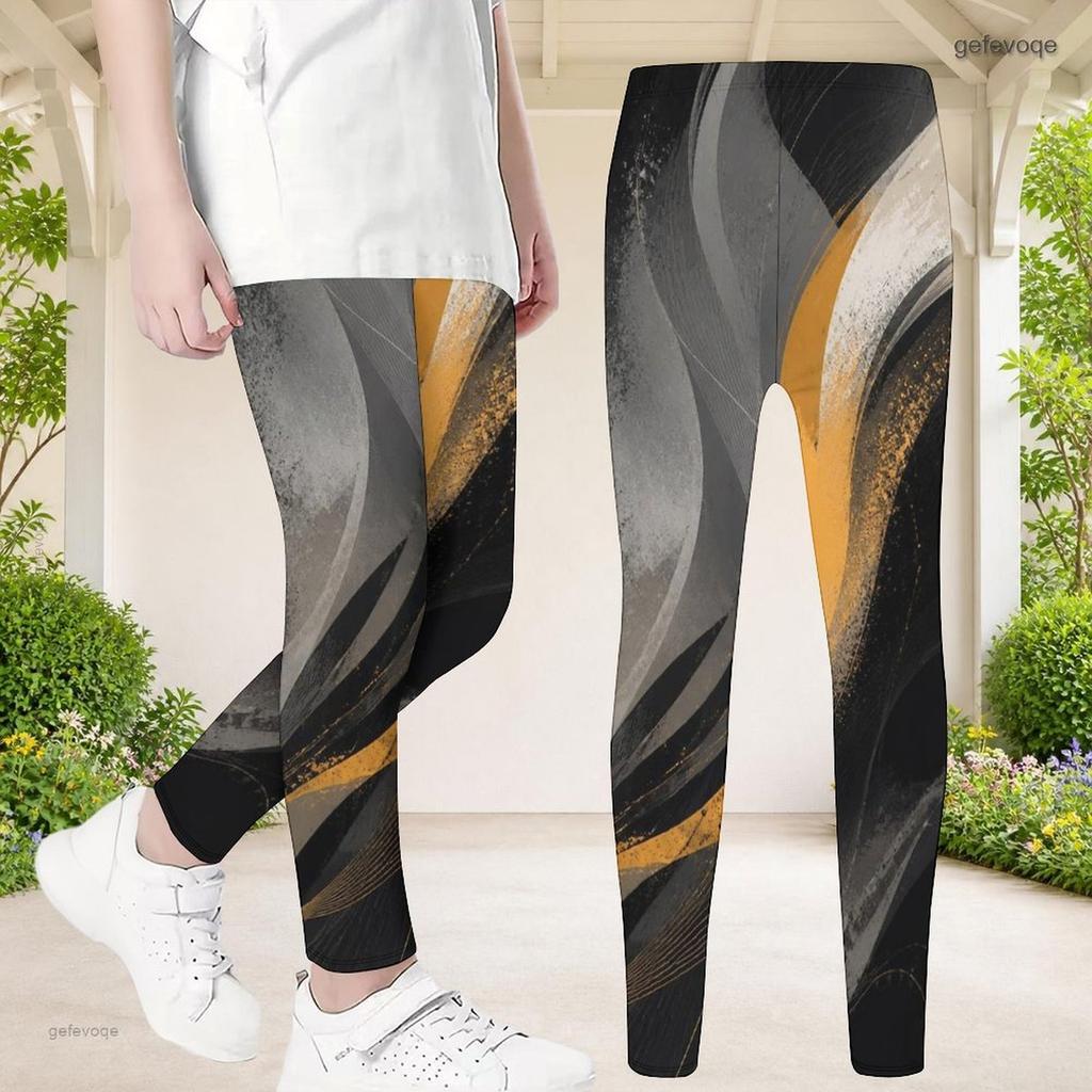 Girls Printed Full Length Fitted Yoga Leggings Black Red White Stretch Waist Pants
