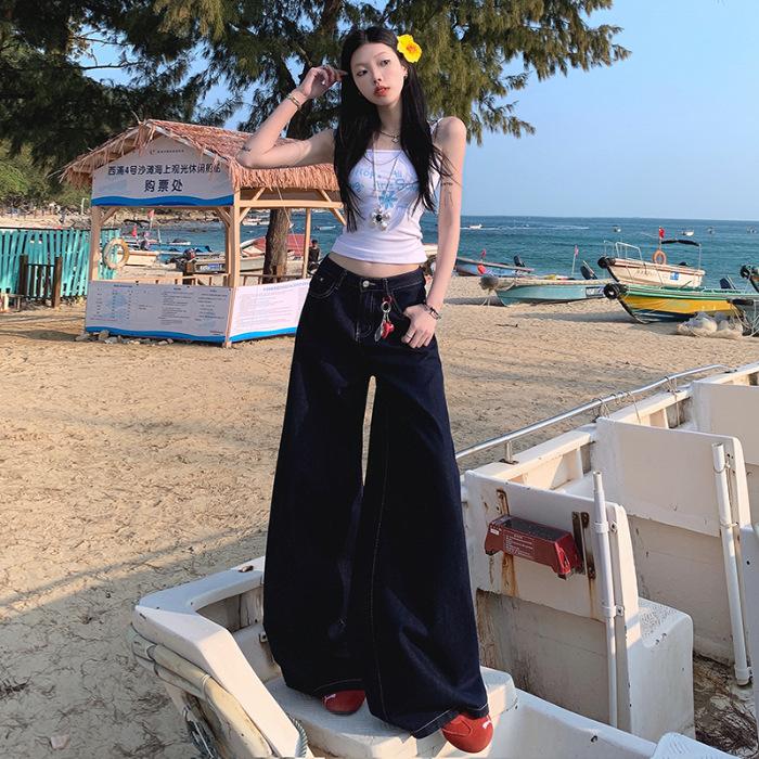 Μη ξεθωριάζον Τζιν Υψηλής Μέσης Χαλαρή Εφαρμογή Φαρδύ Πόδι για Γυναίκες Τζιν Φαρδύ Πόδι με Κρουαζέ Εφέ για Γυναίκες Γυναικεία Αδυνατίσματος