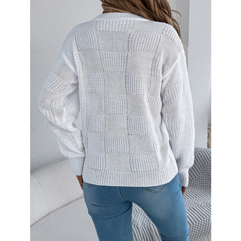 European American Style Solid Plaid Long Sleeve Pullover Sweater Women