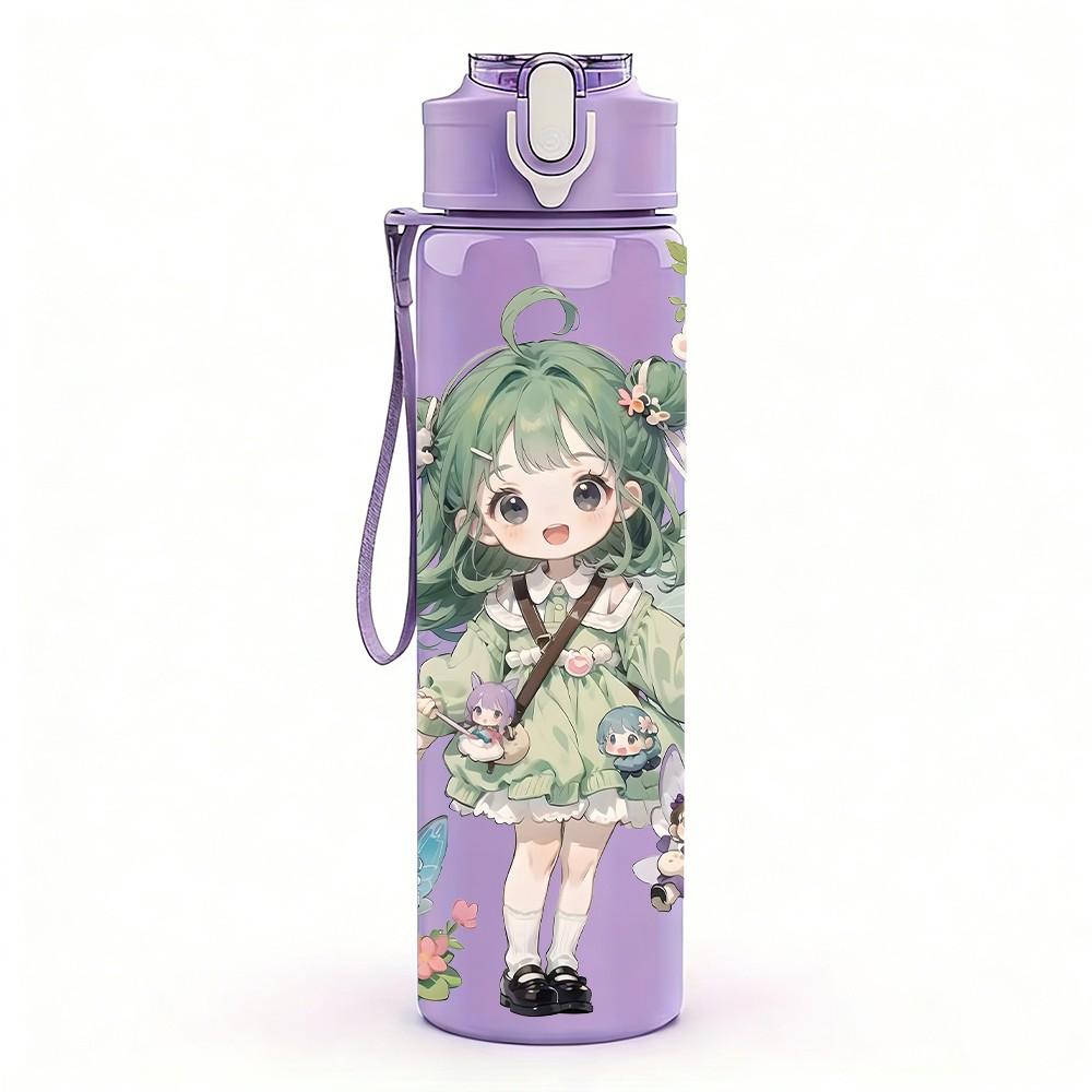 1PC Green Hair Girl Plant Leaf Decor Pattern 750ml Color Plastic Sports Water Bottle Leakproof Flip Straw Lid Suitable for Sports Office Home Use