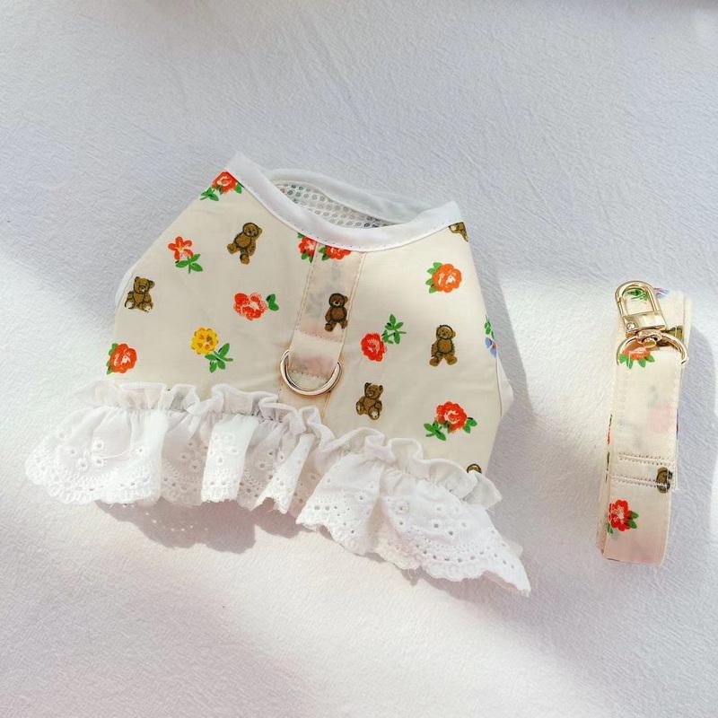 Dog Cat Harness Leash Set Adjustable Lace Floral Pet Harness Vest Cute Puppy Dog Princess Dress Skirt Walking Lead Chihuahua Pug