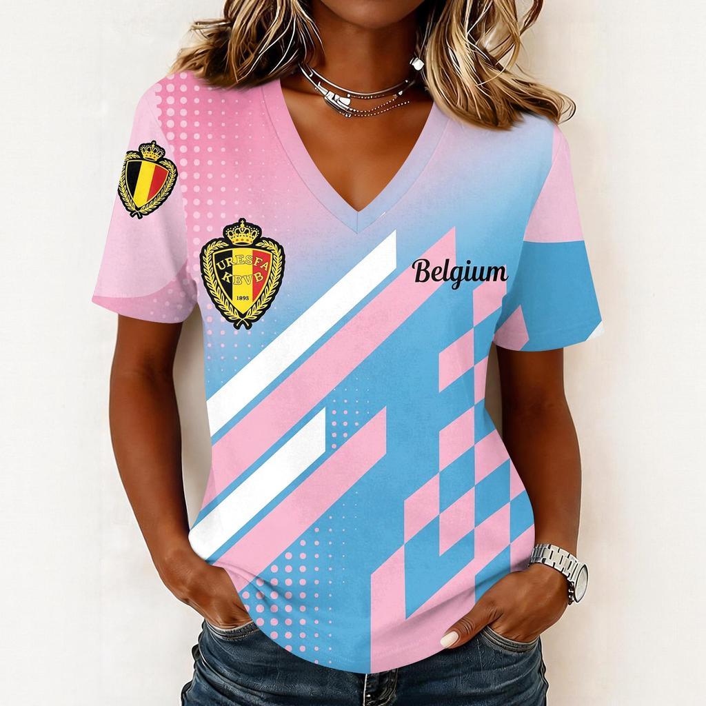 Women's Short Sleeve V-Neck T-Shirt with Soccer Flag Print for Casual Day Wear