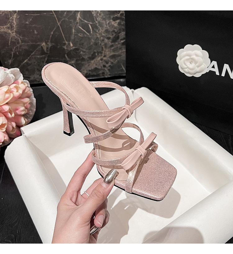 

Fashion Summer 2025 New Collection: Versatile Square-Toed Hot Girl Vacation Bow Slippers And High-Heeled Flip-Flops 34 розовый
