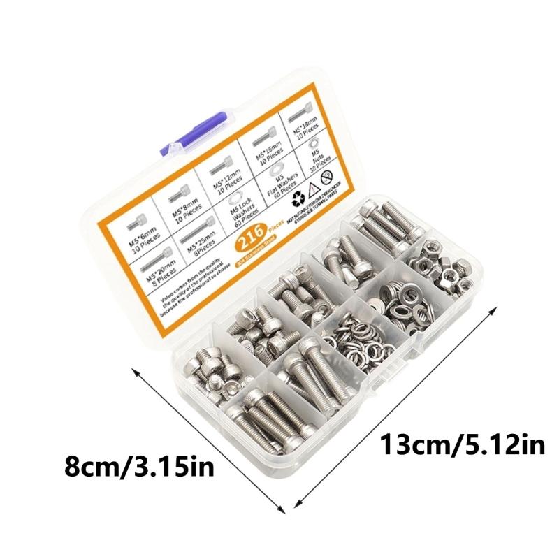 216Pcs Hexagon Socket Head Caps Screw Assortment Set Round Head Machine Screws Stainless Steel Hexagon Bolt Nut