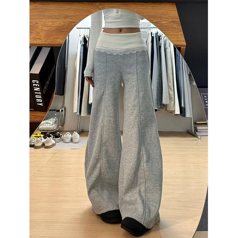 

Women s Autumn Fleece-Lined Knitted Lace Wide-Leg Pants - Versatile, Casual, Floor-Length Sweatpants S