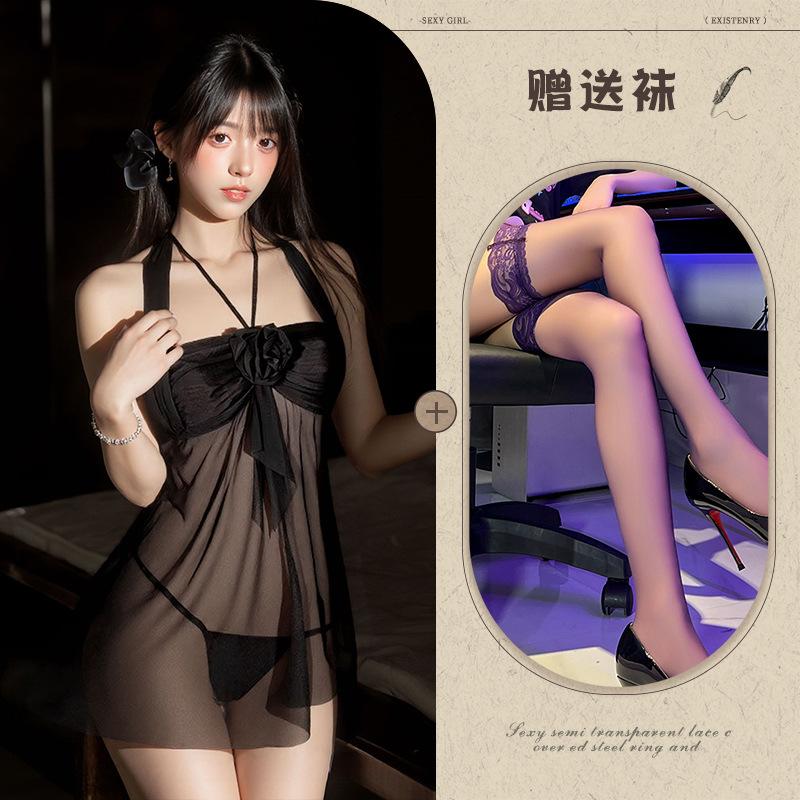 Pure desire wind rose fairy suspender dress perspective hanging neck sexy women's pajamas miniskirt sweet