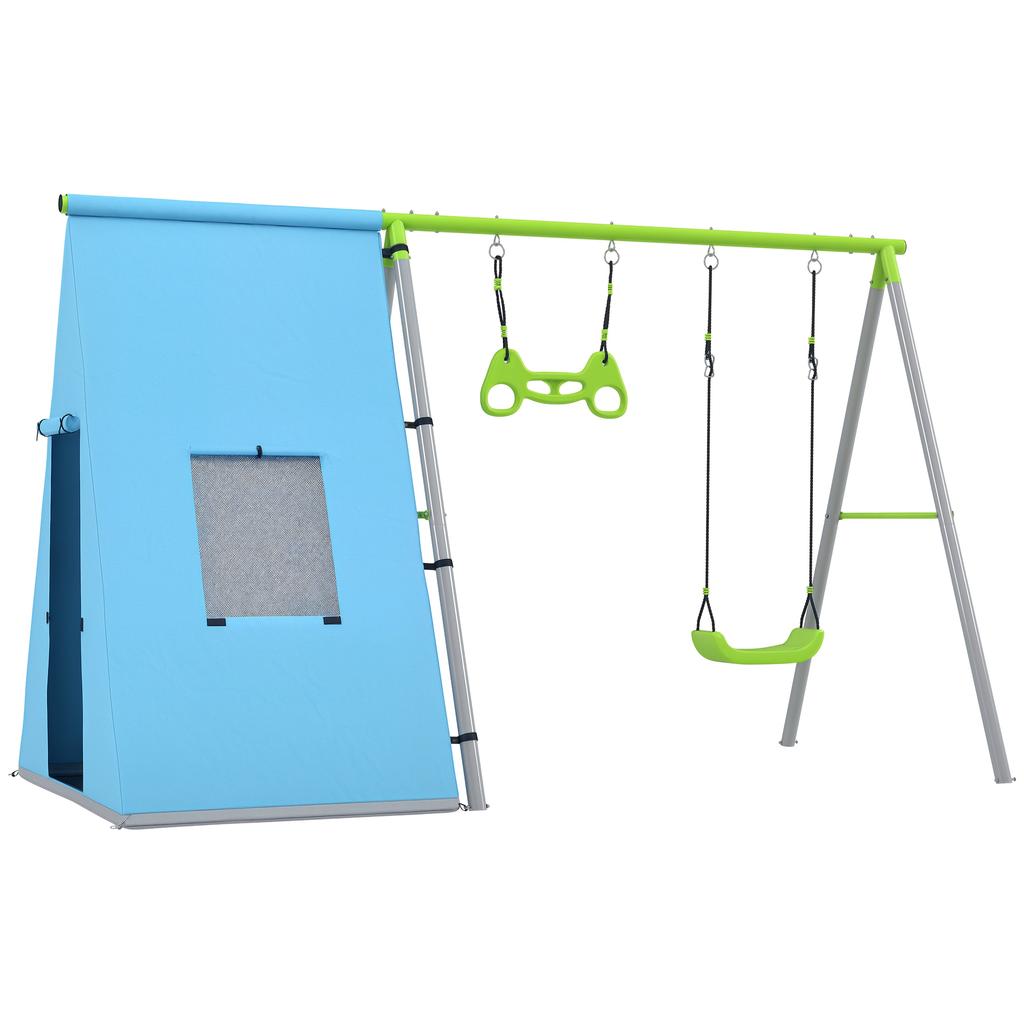 3-in-1 Swing Set, Play Tent, Swing, Gymnastic Rings, Metal, Plastic, Green