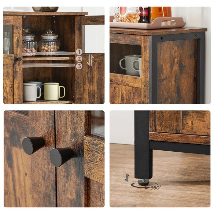 VASAGLE Storage Unit, Sideboard, with 3 Door Cupboard, Steel Frame, Industrial Style, Rustic Brown and Ink Black