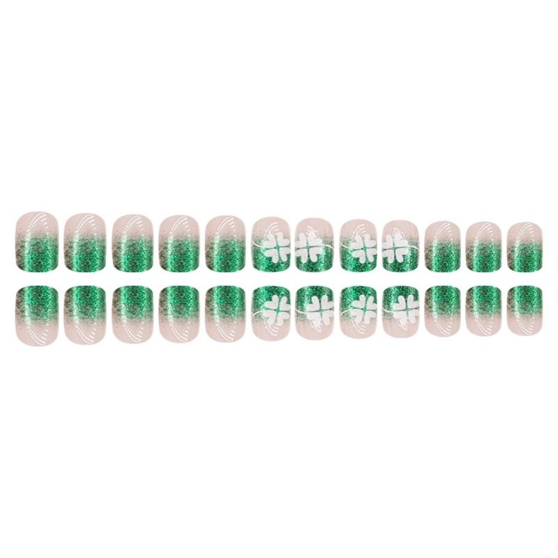 Patrick's Day Press on Nail Short Square False Nail Glossy Stick on Nail Green French Tips Manicure Nail Decors
