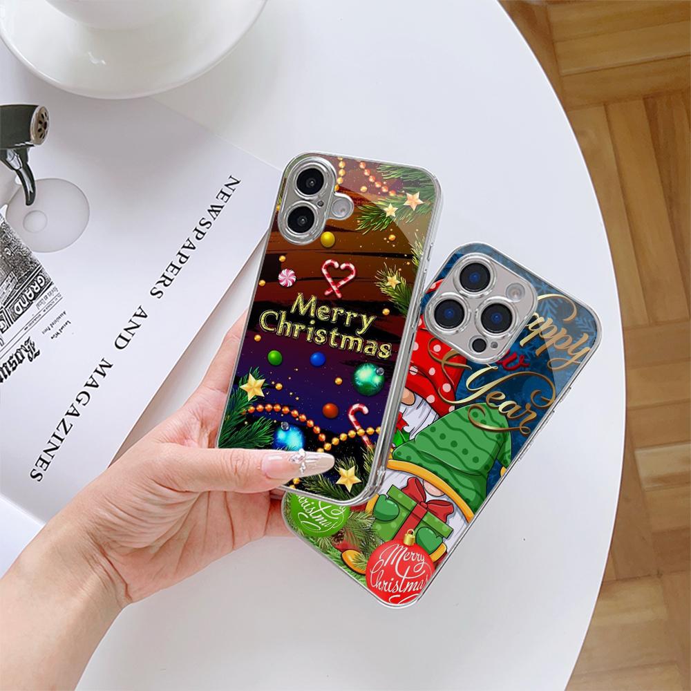 Ae119 Merry Christmas Santa Art Design Electroplated Glass Phone Cases for SamsungS25 Ultra iPhone 16 Pro Xiaomi Redmi Lens Full Protection Back Cover