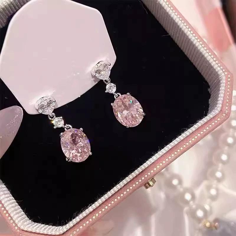 Милые розовые серьги-гвоздики с цирконом в форме сердца женские легкая роскошь нишевый дизайн изысканные модные серьги