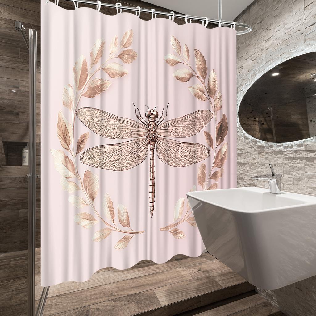 1pc Golden Dragonfly Shower Curtain - Digital Artwork with Intricate Wings, Laurel Wreaths, Soft Pink Gradient