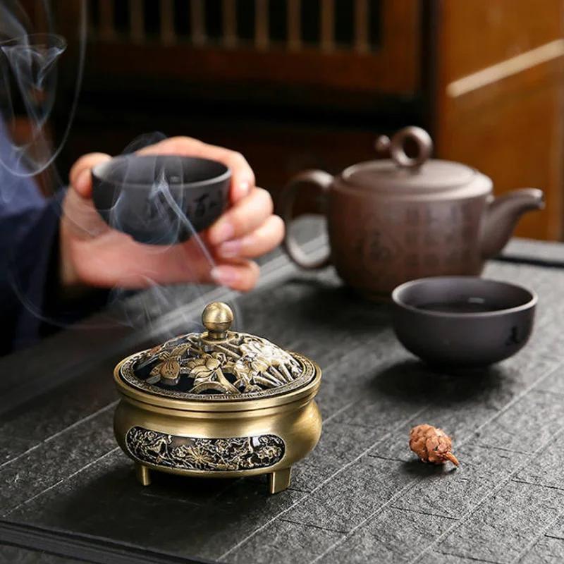 Vintage Brass Lotus Incense Burner Buddhism Buddha Holder Hollow Out Copper Three Legged Sandalwood Censer Home Decoration 7