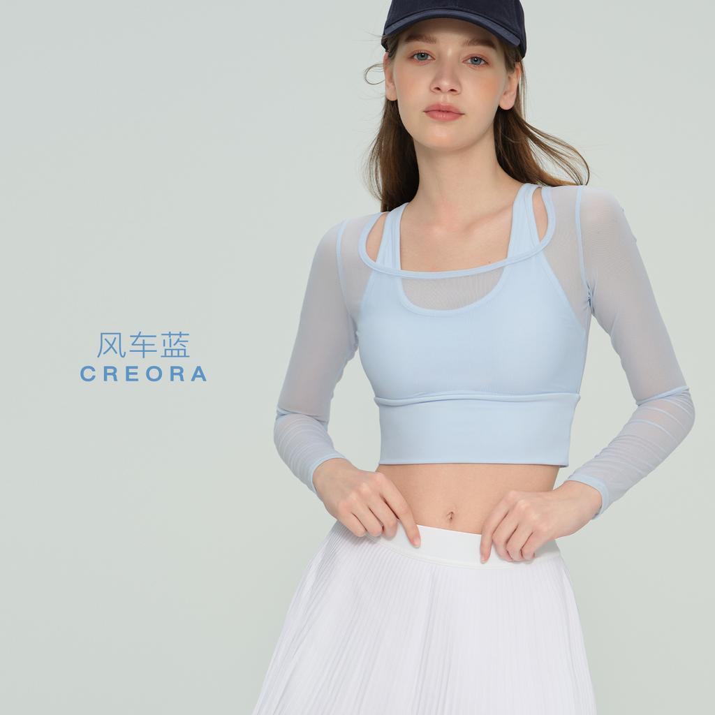 Yoga with chest pads, long sleeves, mesh stitching, fake two-piece yoga clothes, tops, fixed cups, fitness clothes, sports clothes, women's inside