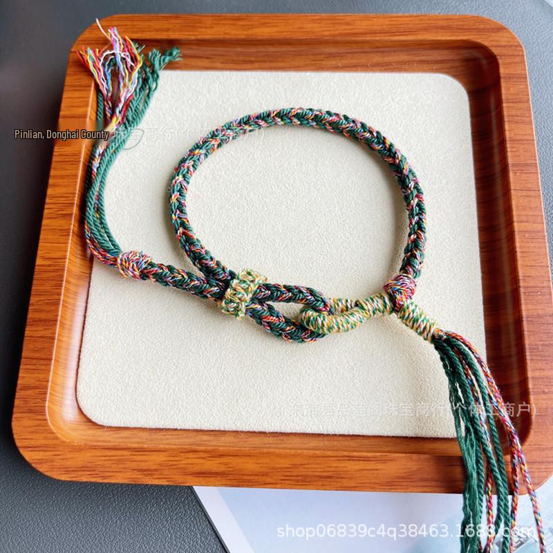 Tibetan Wealth Gods Handmade Eight-Strand Braided Bracelet with Green Tara Thangka
