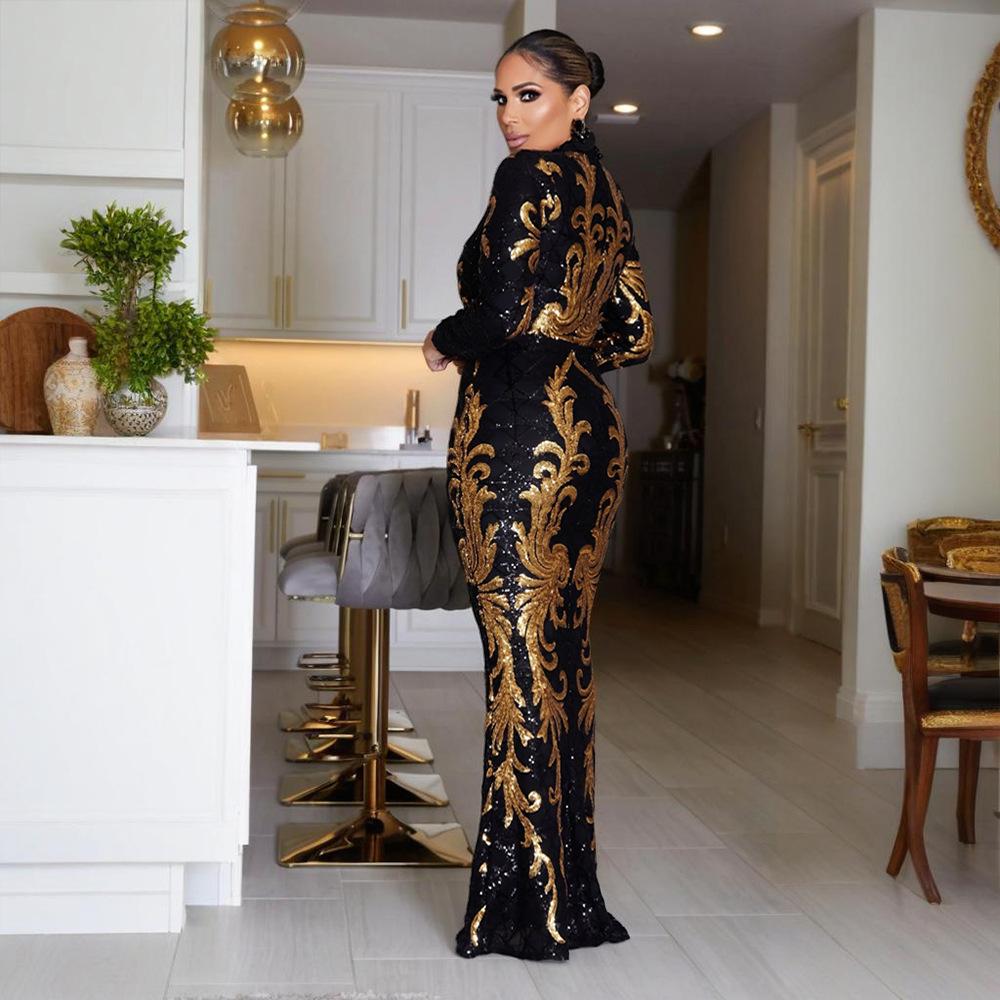 Women's Fashionable Sequined Long-sleeved Body-hugging Fishtail Dress and Slimming Dress