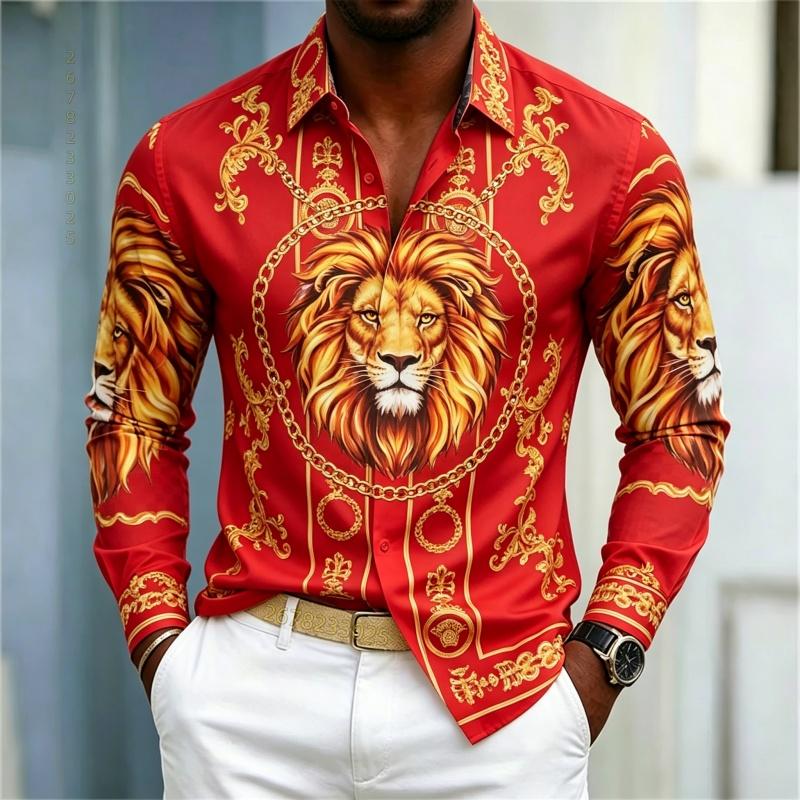 Men's shirt street style animal print shirt white base gilded chain men's slim fit trendy long sleeved business casual shirt
