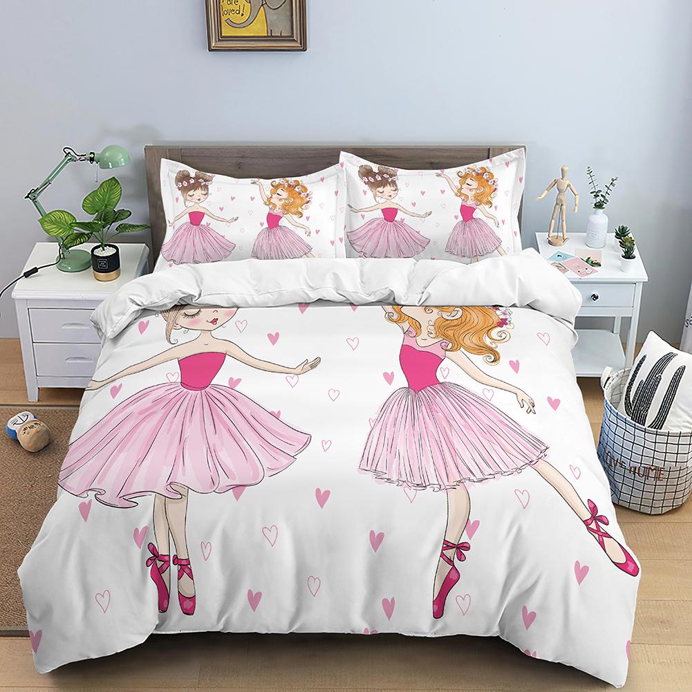 Ballet Dancer Girl Duvet Cover Set White Princess Bedding Set Cute Cartoon Bedclothes Queen King Size Polyester Comforter Cover