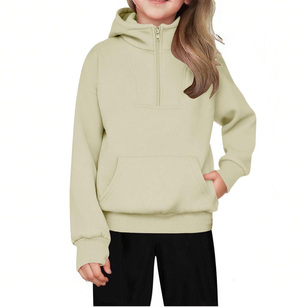 Children's Relaxed Fit Half-Zip Sweatshirt Fleece-Lined Girls' Solid Color Hooded Sweatshirt
