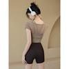 Women Mesh Splice Workout Crop Top Built-in Bra Short Sleeve Yoga Shirt