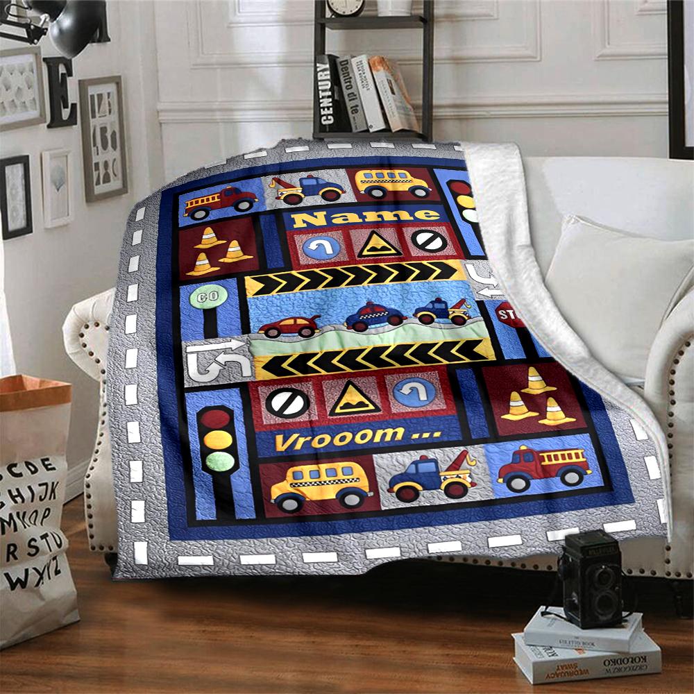 Custom Name Cute Cars Theme Printed Blanket - Perfect for Couch, Bed, Travel & Outdoor Use | Machine Washable, Cozy & Durable.