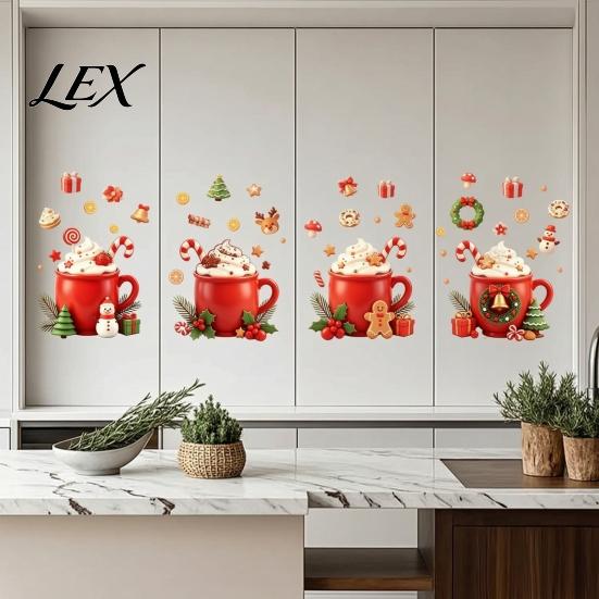 Cartoon Christmas Drink Mug Stickers 2Pcs Hot Drinks Wall for Kitchen Cabinets, Self-Adhesive Art Holiday Fridge Decorations Decor, Removable