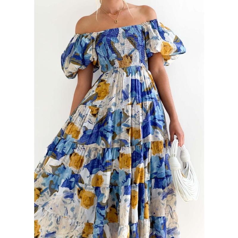 

YYFS Женская мода лето весна цветочный узор принт короткий рукав одно плечо высокая талия повседневные платья M синий