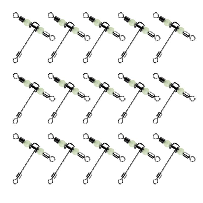 15Pcs Swivels Barrels Rolling Swivels Fishing Tackle Rig Swivels 3 Way Swivels with Glow Beads