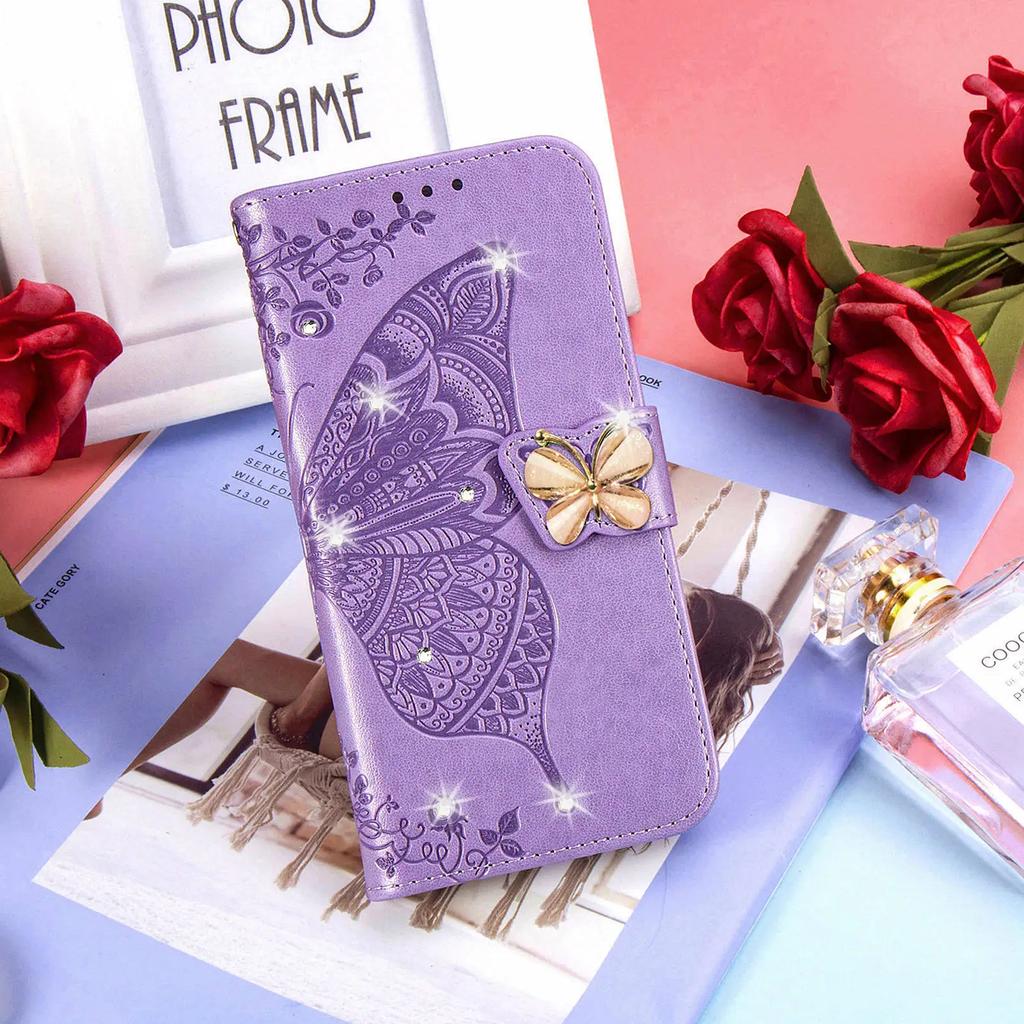 Bling Butterfly Leather Flip Cover For Samsung Galaxy S25 Ultra S24 Plus S23 FE A55 A35 A36 A56 A26 A06 A16 Wallet Glitter Case